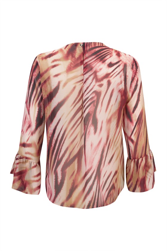 Blusa feminina com padrão abstrato vermelho e bege, mangas longas com folhos e botão nas costas