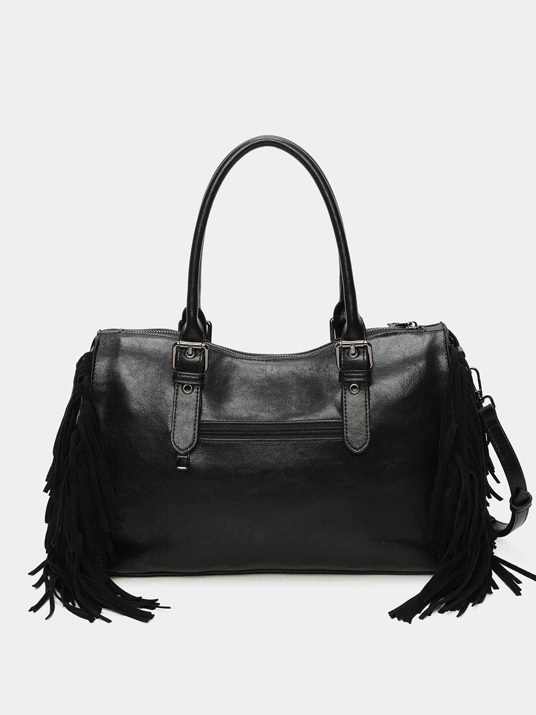 Mala de senhora preta em pele com franjas laterais