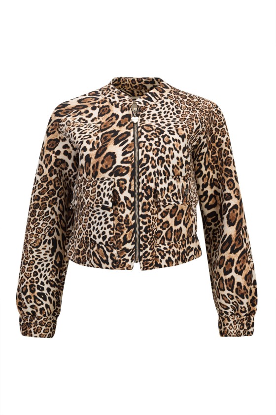 Casaco curto de padrão animal print com fecho de correr frontal