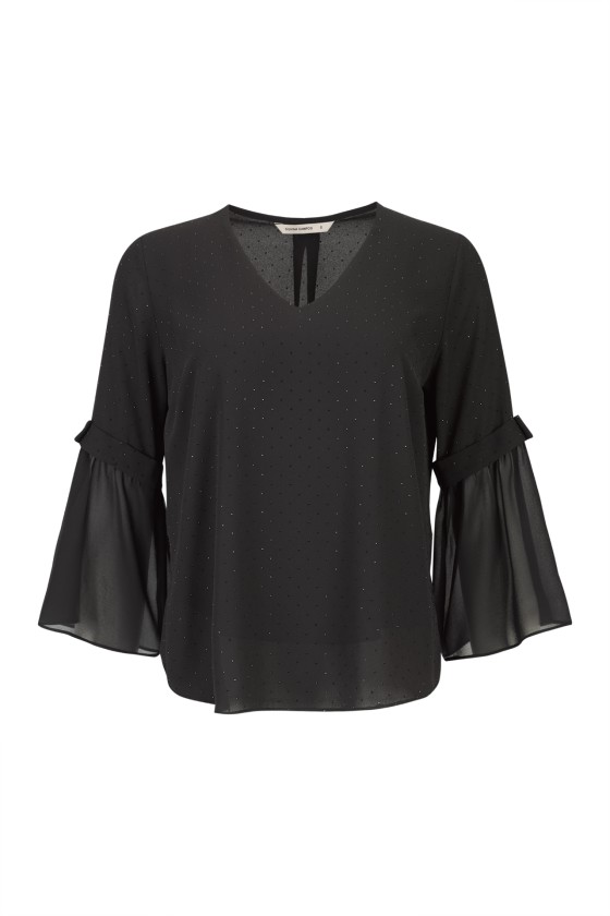 Blusa preta feminina manga 3/4 transparente com pequenos pontos brilhantes