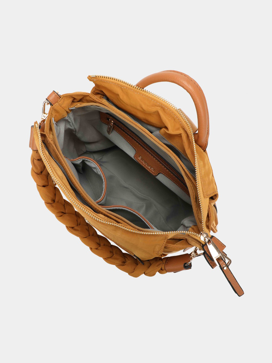 Mala de mão de couro amarelo com alça trançada aberta vista de cima