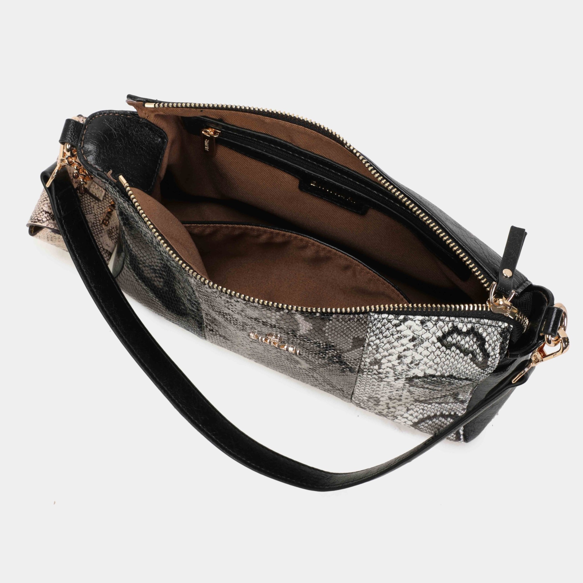 Mala de senhora com padrão pele de cobra, interior castanho e alça preta