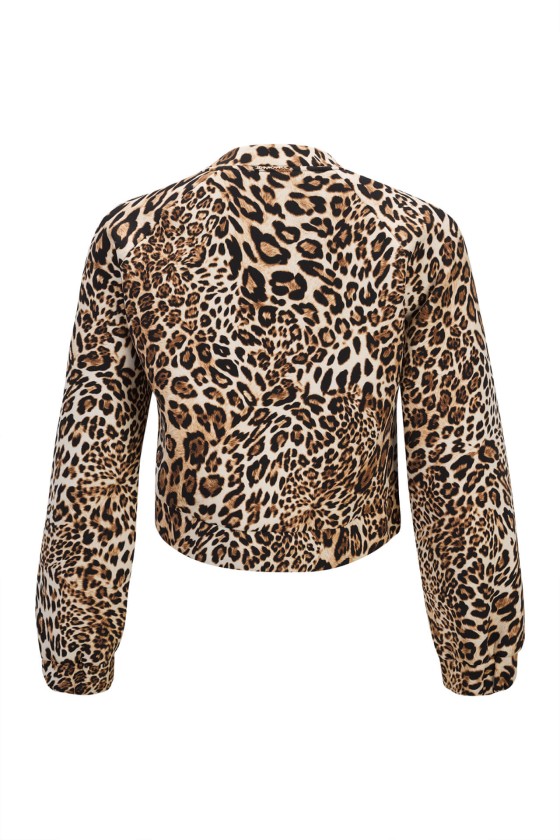 Casaco feminino padrão pele de leopardo, corte curto, mangas compridas elásticas