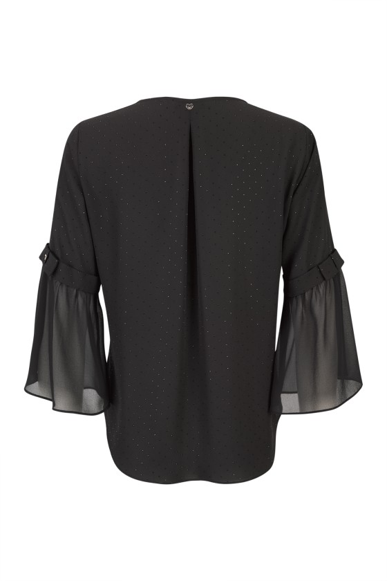 Blusa preta feminina com aplicações brilhantes e mangas transparentes