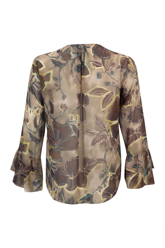 Blusa feminina transparente com padrão floral e mangas com folho vista de costas