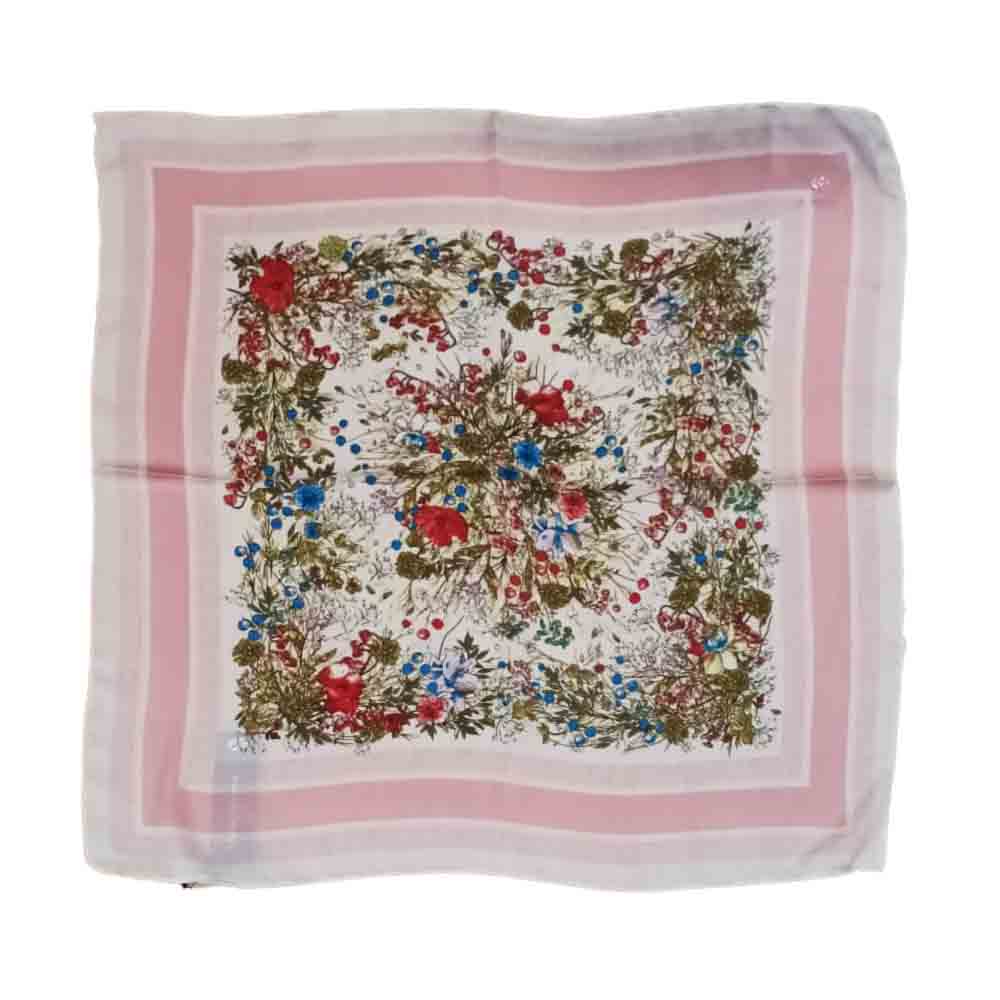 Lenço quadrado floral com bordas rosas e brancas