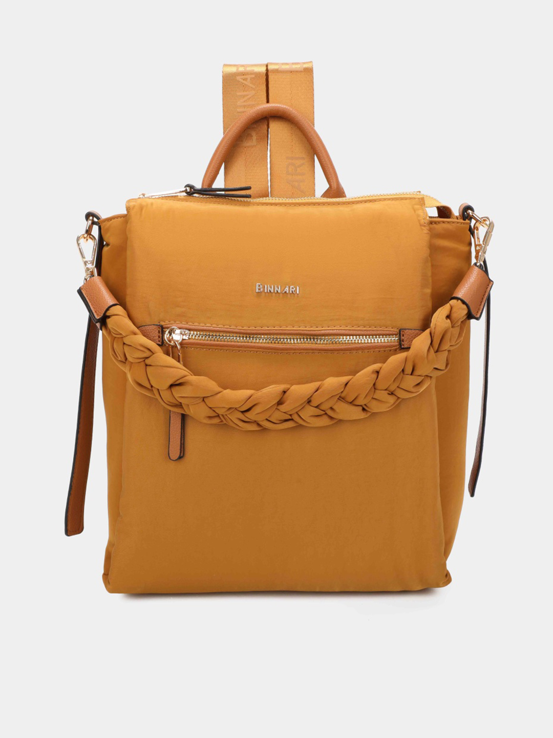 Mochila amarelo mostarda com alça trançada e detalhes castanhos