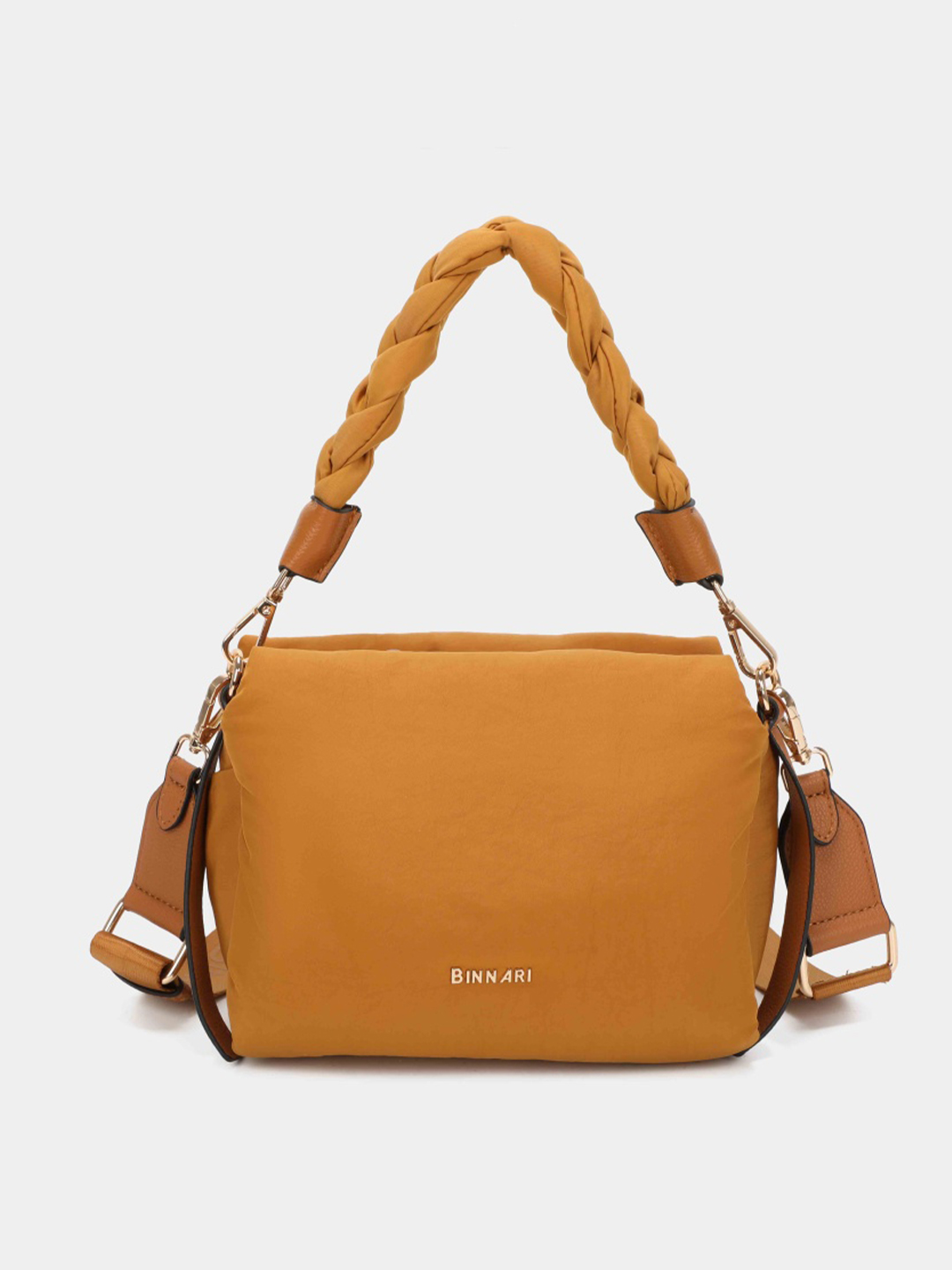 Mala de mão amarelo mostarda com alças trançadas e detalhes em couro castanho