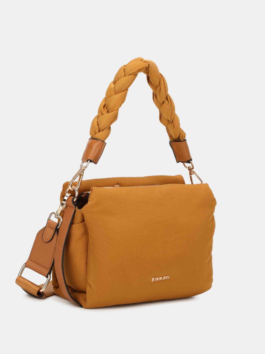 Mala castanha almofadada com alça trançada e ferragens douradas