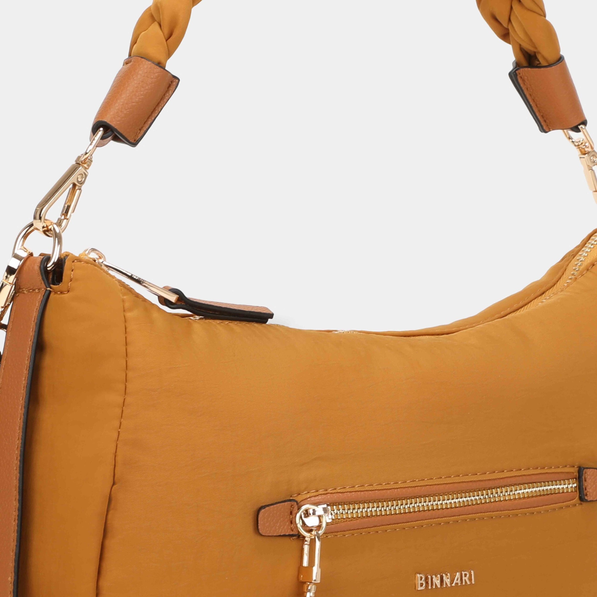 Mala de ombro amarelo mostarda com detalhes castanhos e fecho dourado