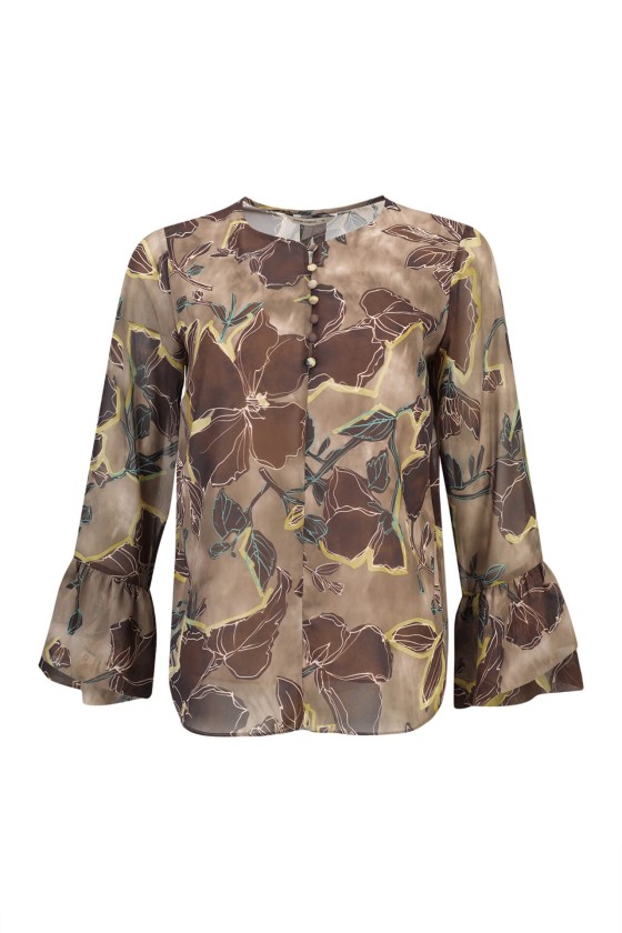 Blusa feminina com padrão floral em tons castanhos e bege, mangas longas com punhos franzidos.