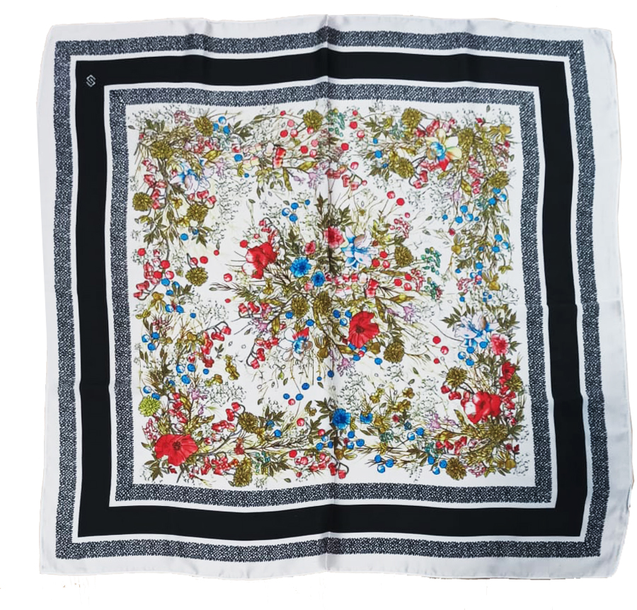 Lenço quadrado com padrão floral colorido e bordas a preto e branco