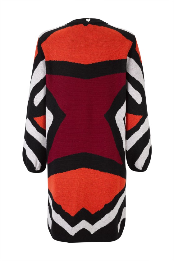 Cardigan de malha com padrão geométrico em vermelho, laranja, preto e branco