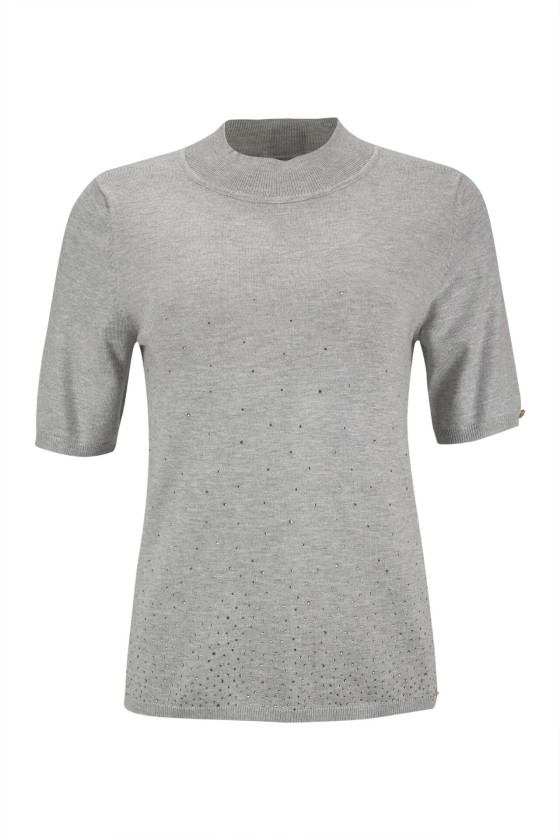 Camisola cinzenta de malha com gola alta e mangas curtas