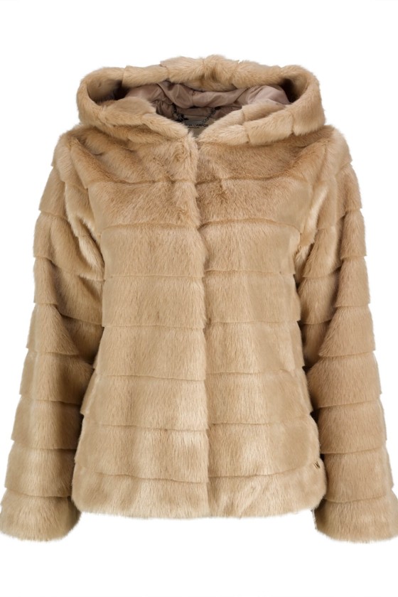 Casaco feminino bege claro de tecido peludo com capuz e riscas horizontais