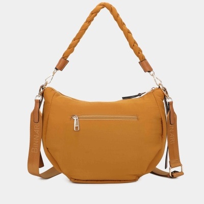 Mala de ombro feminina castanha com alça trançada e bolso com fecho