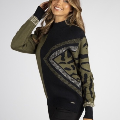 Camisola de malha com padrão geométrico e animal print em preto e verde-oliva