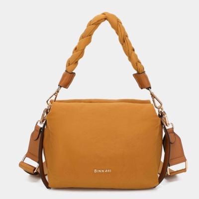 Mala de mão amarelo mostarda com alças trançadas e detalhes em couro castanho