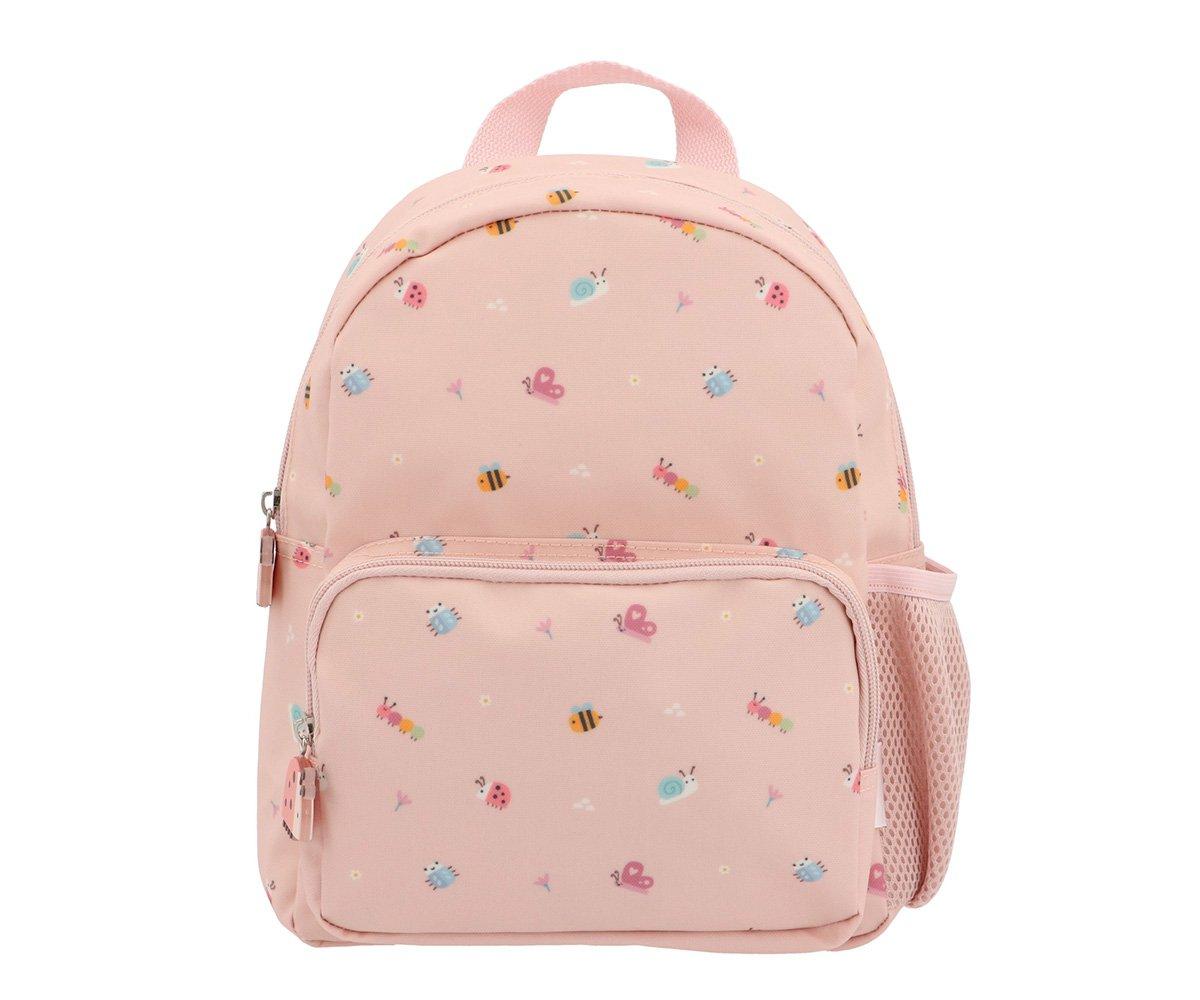 Mochila Infantil Bugs Mochila rosa clara com padrão de insetos coloridos e bolso frontal