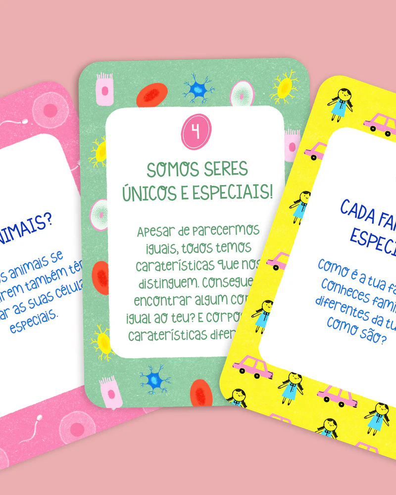 No Meu Corpo Mando Eu! Três cartas coloridas com textos em português e ilustrações de células, pessoas e carros