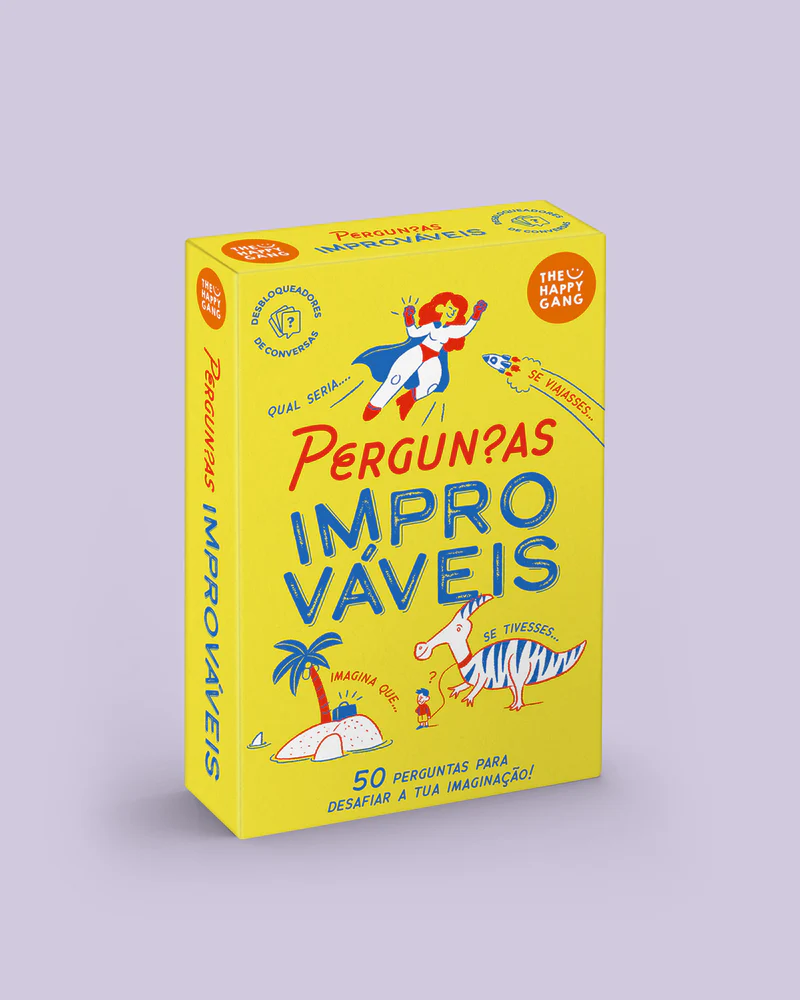 Perguntas Improváveis Caixa amarela do jogo Perguntas Improváveis com ilustrações coloridas e texto em português