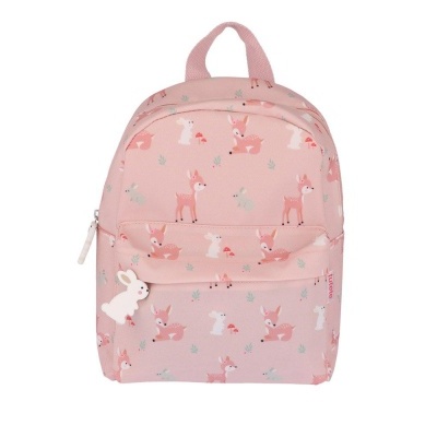 mochila infantil rosa com padrão de veados e coelhos