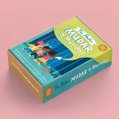 Caixa colorida com ilustração de crianças e texto Tu Podes MUDAR o mundo!