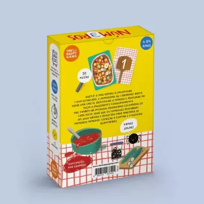 Caixa de jogo de cartas colorida com ilustrações de comida e texto em português, em fundo amarelo e branco com padrão xadrez