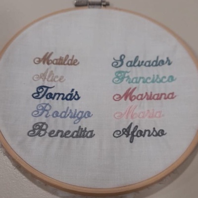 Bastidor de bordado redondo com nomes bordados em várias cores