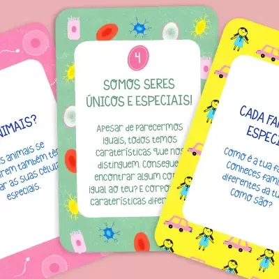 Três cartas coloridas com textos em português e ilustrações de células, pessoas e carros