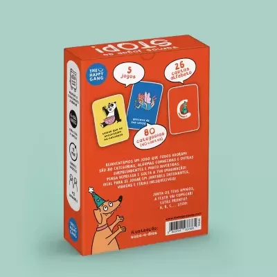 Caixa de jogo de cartas laranja com texto e desenhos coloridos