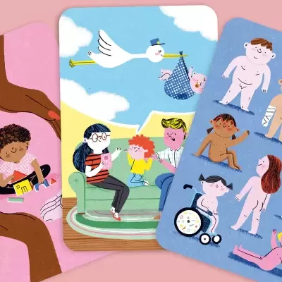 Cartas coloridas com ilustrações infantis diversas.
