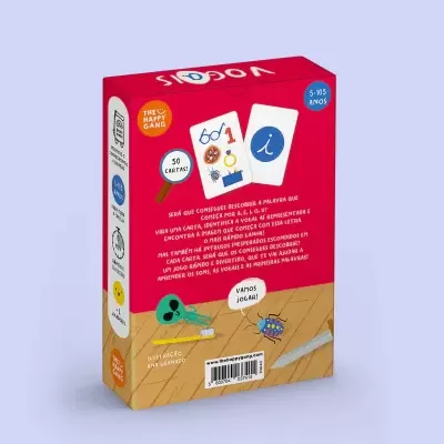 Embalagem do jogo de cartas vocabulário com fundo vermelho e texto explicativo