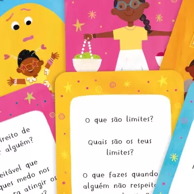 Cartas ilustradas com perguntas em português e ilustrações de crianças com fundo colorido em rosa, amarelo e azul