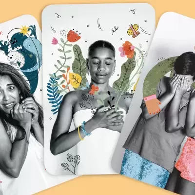 Três cartas ilustradas com pessoas em diferentes poses emocionais e desenhos coloridos no fundo