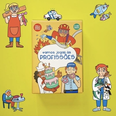 Caixa de jogo 'vamos jogar às PROFISSÕES' com desenhos de profissões diversas
