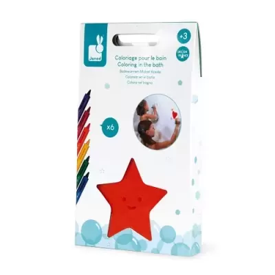 Caixa branca com brinquedo estrela vermelho e marcadores coloridos para pintura no banho.