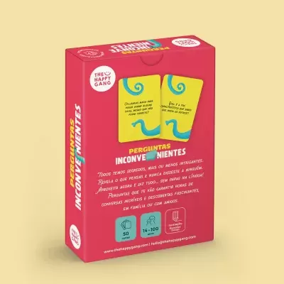 Caixa vermelha do jogo de cartas PERGUNTAS INCONVENIENTES da THE HAPPY GANG sobre fundo amarelo claro