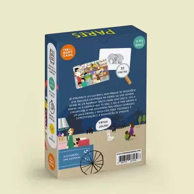 Caixa de jogo de cartas com design colorido e texto em português sobre jogo e ilustrações