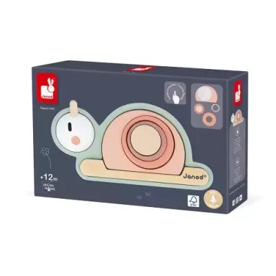 Brinquedo de madeira em forma de caracol em embalagem