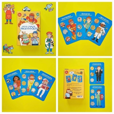 Cartas educativas coloridas sobre profissões com fundo amarelo