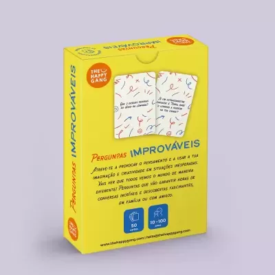 Caixa de jogo Perguntas Improváveis amarela com ilustrações de cartas e confetes coloridos