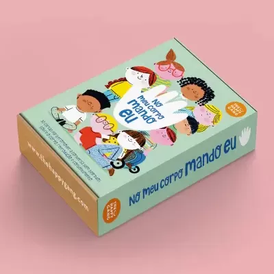 Caixa colorida com ilustrações de crianças e texto No meu corpo mando eu