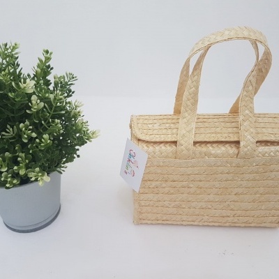 Saco de mão bege entrelaçado ao lado de vaso cinzento com planta verde