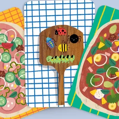 Ilustração de pizzas e pá de madeira decorada com insetos sobre panos de prato