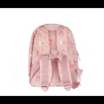 Mochila rosa clara com padrão de cavalos vista de trás