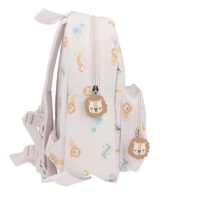 Mochila infantil branca com estampados de animais e fechos com motivo de leão