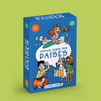 Caixa azul de jogo de cartas VAMOS JOGAR AOS PAÍSES com ilustrações coloridas de crianças e cão a viajar
