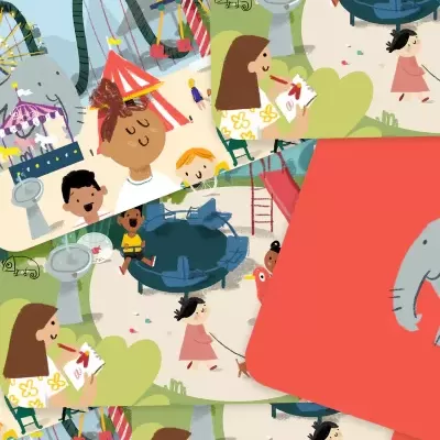 Ilustração de parque de diversões com pessoas e brinquedos coloridos