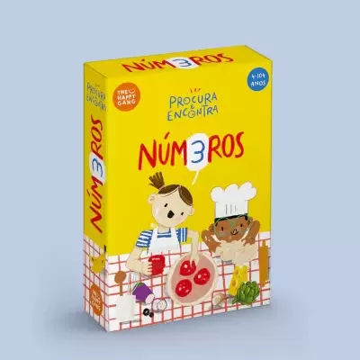 Embalagem amarela de jogo infantil com texto PROCURA E ENCONTRA NÚM3ROS e ilustrações de crianças